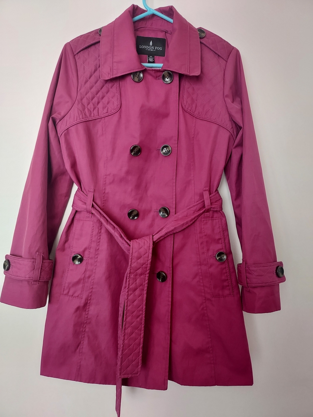 London Fog Double Breasted Magenta Quilted-Panel Trench Rain Coat Small Winter